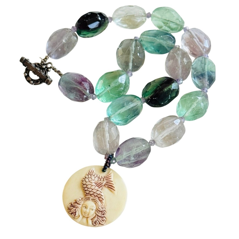 VTG Mermaid Rainbow Fluorite Necklace Natural Beads Whimsical sterling‎ 925 18"